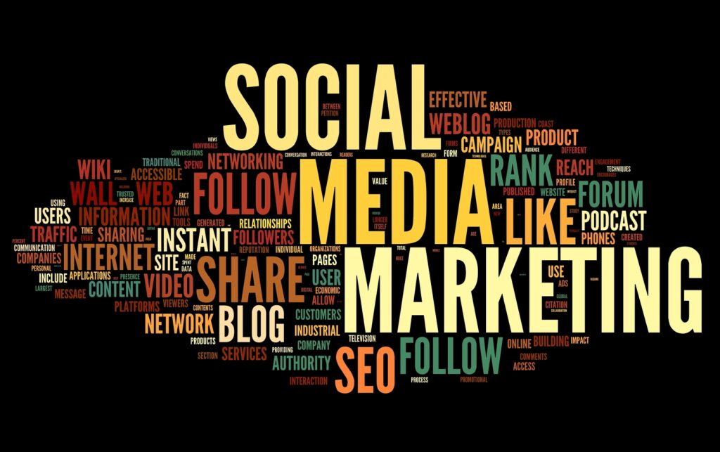 Social media marketing concept in word tag cloud on black backgr